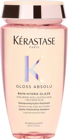KÉRASTASE Gloss Absolu -Bain Hydra-Glaze -Shampoing Cheveux Ternes - Brillance -Shampoing Hydra-Illuminant - Acide Hyaluronique, Acide Glycolique & Rose Sauvage - Cheveux Longs & Sujets aux Frisottis Format 250ml