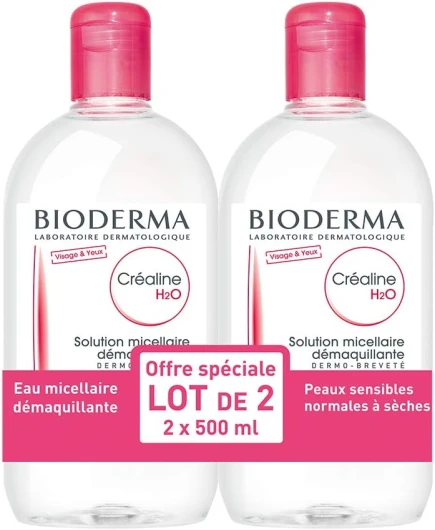 CRÉALINE H2O - lot de 2 x 500ml - Nettoie et purifie en profondeur – Apaise - Peaux sensibles à intolérantes