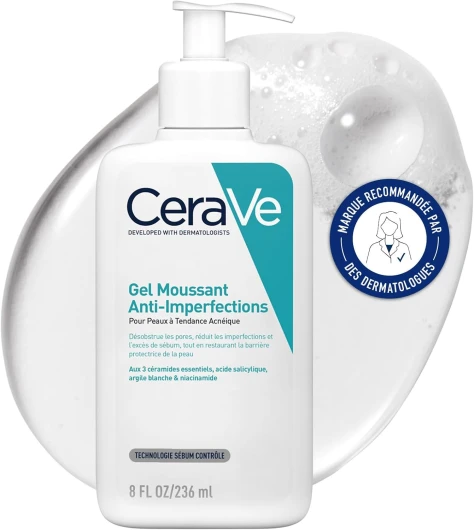 CeraVe - Gel Moussant Anti-Imperfections - Purifie la Peau en douceur et Réduit les Imperfections - Acide Salicylique, Argile Blanche, Céramides et Niacinamide - Peau à Tendance Acnéique Gel Moussant Anti-Imperfections 236 ml