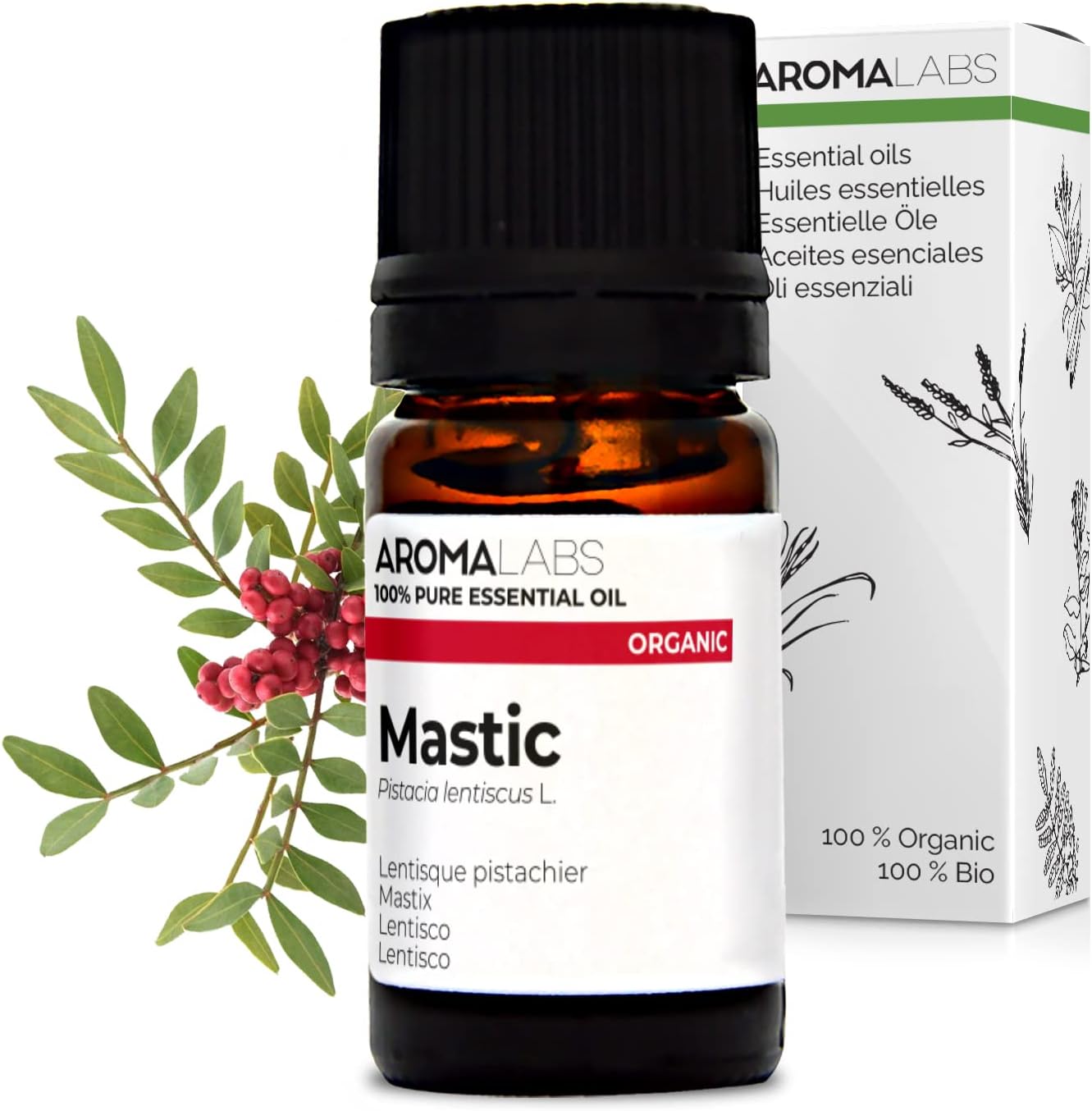 Lentisque Pistachier BIO (Pistacia lentiscus) - 5 mL - Huile Essentielle Chémotypée et Certifiée AB - Aroma Labs - Made in France 5 ml (Lot de 1)