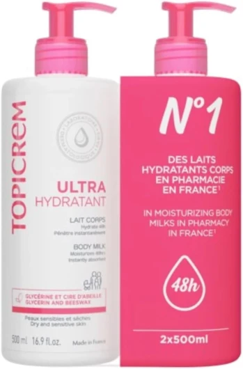 Ultra Hydratant Lait Corps - Hydrate 48h, Relipide, Protège la Peau - Texture Onctueuse, Odeur Délicate - Crème Hydratante pour Peaux Sensibles - Fabrication Française - 2x500 ml Unique