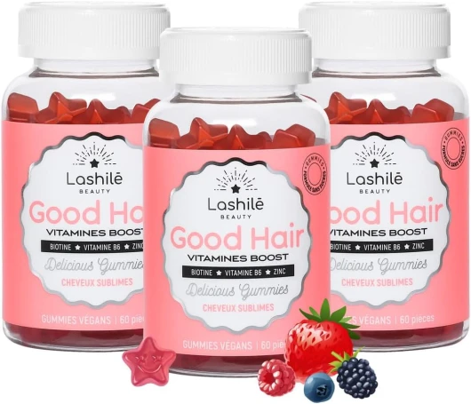 Lashilé Beauty - Good Hair Vitamins - Pousse Croissance & Fortification des cheveux - Compléments Alimentaires - Made in France - Biotine, Zinc, Vitamine B8, C, B6 - Cure 3 mois - 180 Gummies 3 unité (Lot de 1)