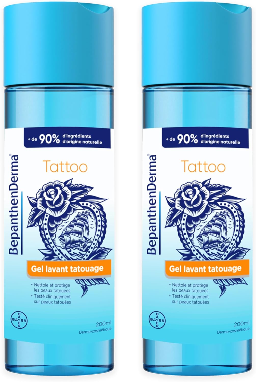 Derma Tattoo Gel Lavant - Nettoyant doux tatouage - Nettoie, Apaise et Protège - pH neutre, Sans savon, sans parfum, sans colorant - Soin hygiénique post-tatouage - Maxi Format 2x200ml