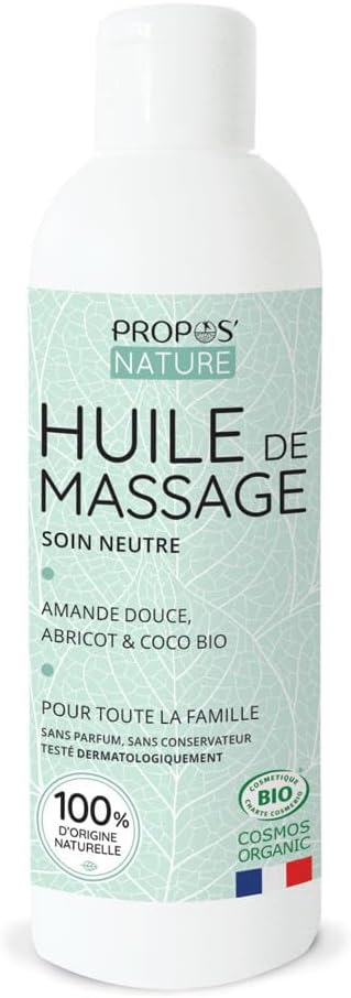 Huile de massage neutre Bio - 4 huiles végétales Bio - Amande douce, Abricot, Coco & Sésame - 100% naturelle - Fabriqué en France - PROPOS'NATURE 200 ML