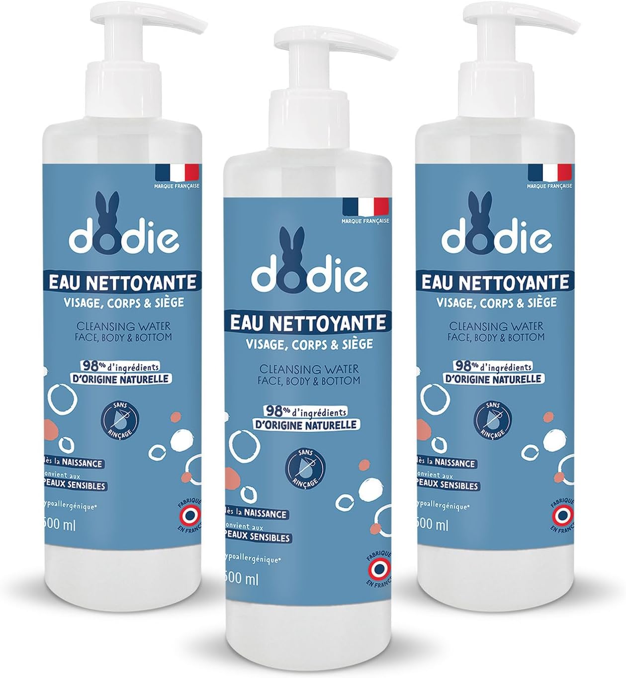Lot de 3 Eaux Nettoyantes 3 en 1 (3 x 500 mL) - Nettoyant Visage, Corps et Siège – 98% d’ingrédients d’origine naturelle, Hypoallergénique - Dès la naissance