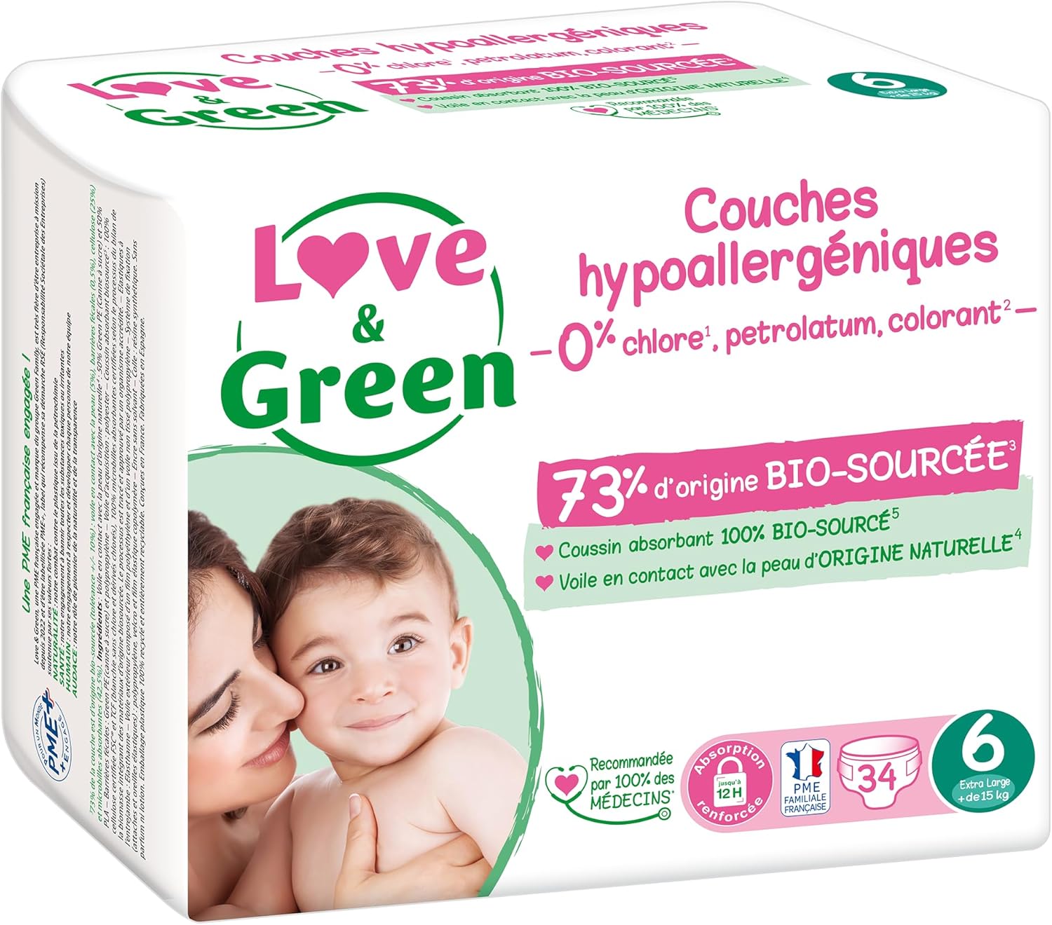 Love & Green - Couches Bébé Saines et Ecologiques - Taille 6 (15+ kg) - 34 couches - Absorbante, anti-fuites et sans ingrédients indésirables Taille 6 (34 Unité) Couches Taille 6 - unité