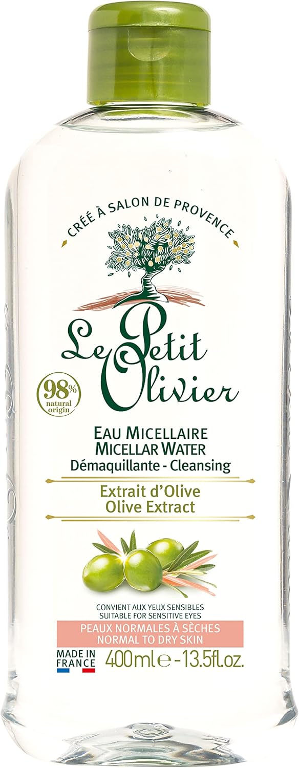 Eau Micellaire Démaquillante Visage & Yeux - Extrait D'Olive - Nettoie & Démaquille - Peaux Normales à Sèches - Yeux Sensibles - 98% D'Origine Naturelle - Fabriqué en France - 400ml 400 ml (Lot de 1) EAU MICELLAIRE