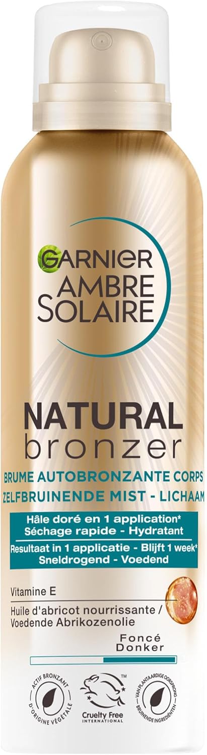 Ambre Solaire - Natural Bronzer - Brume Autobronzante Hydratante & Apaisante - Hâle Doré & Lumineux Pendant 1 Semaine - À l'Huile D'Abricot - Vegan & Cruelty Free - Corps - 150 ml Brume corps