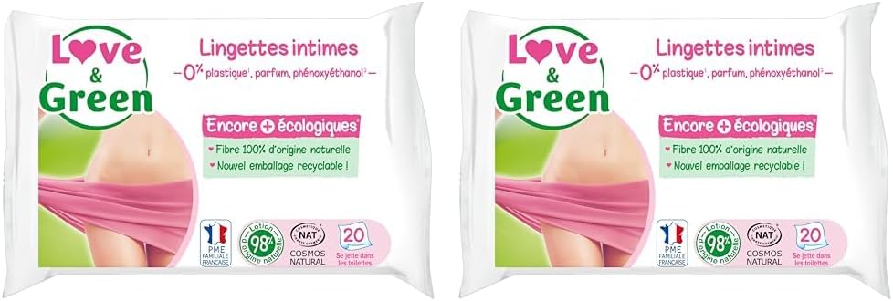Love & Green Lingettes Intimes APAISANTES écologiques - Paquet de 20 Lingettes - Certifiée Cosmo Natural par ECOCERT et FSC (Lot de 2)