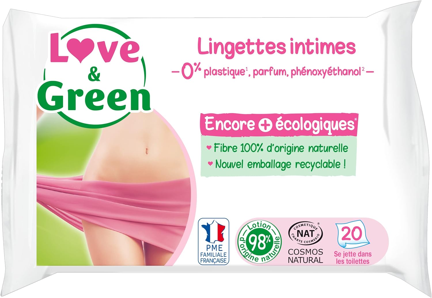 Love & Green Lingettes Intimes APAISANTES écologiques - Paquet de 20 Lingettes - Certifiée Cosmo Natural par ECOCERT et FSC Toutes