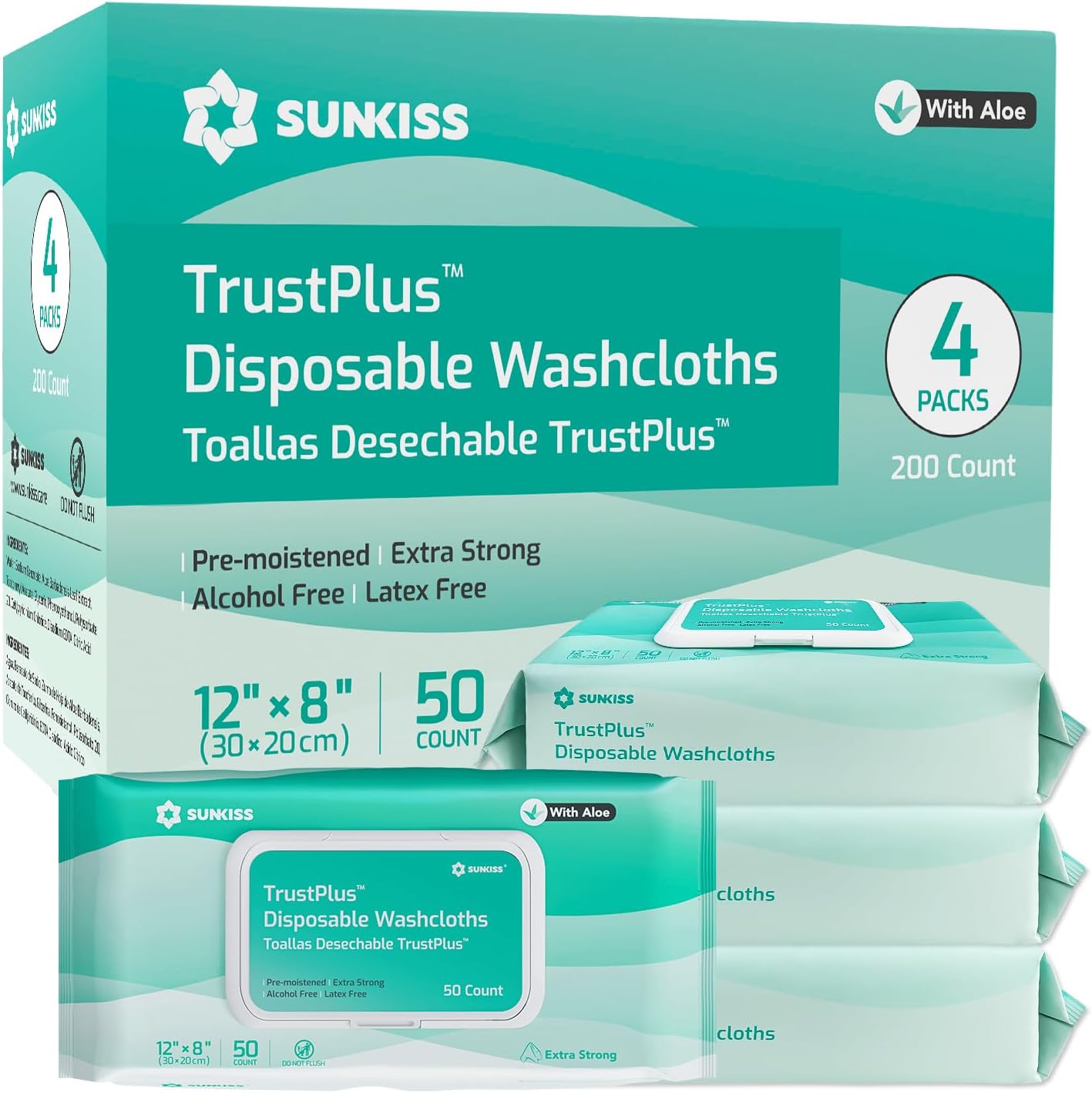 Trustplus Lingettes pour Adultes, Lingettes Nettoyantes Extra Épaisses 20 x 30 cm pour le Corps avec Aloès pour Incontinence et Hygiène Intime, 200 Unité Sans parfum 50 unité (Lot de 4)