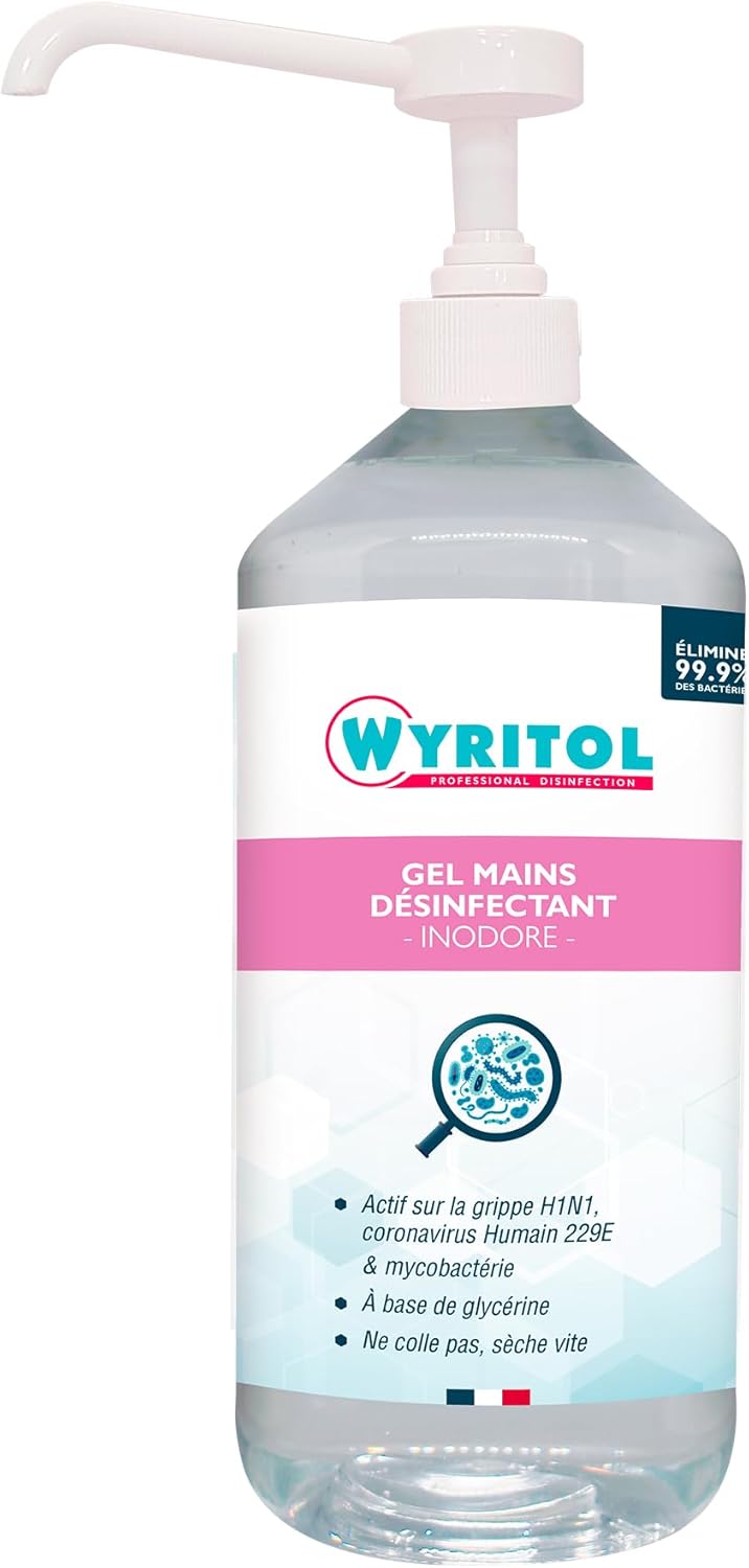 Gel hydroalcoolique 1L - Désinfectant mains - Formule naturelle - Antibactérien et virucide - 70,2% Ethanol - Fabrication française 1 l (Lot de 1)