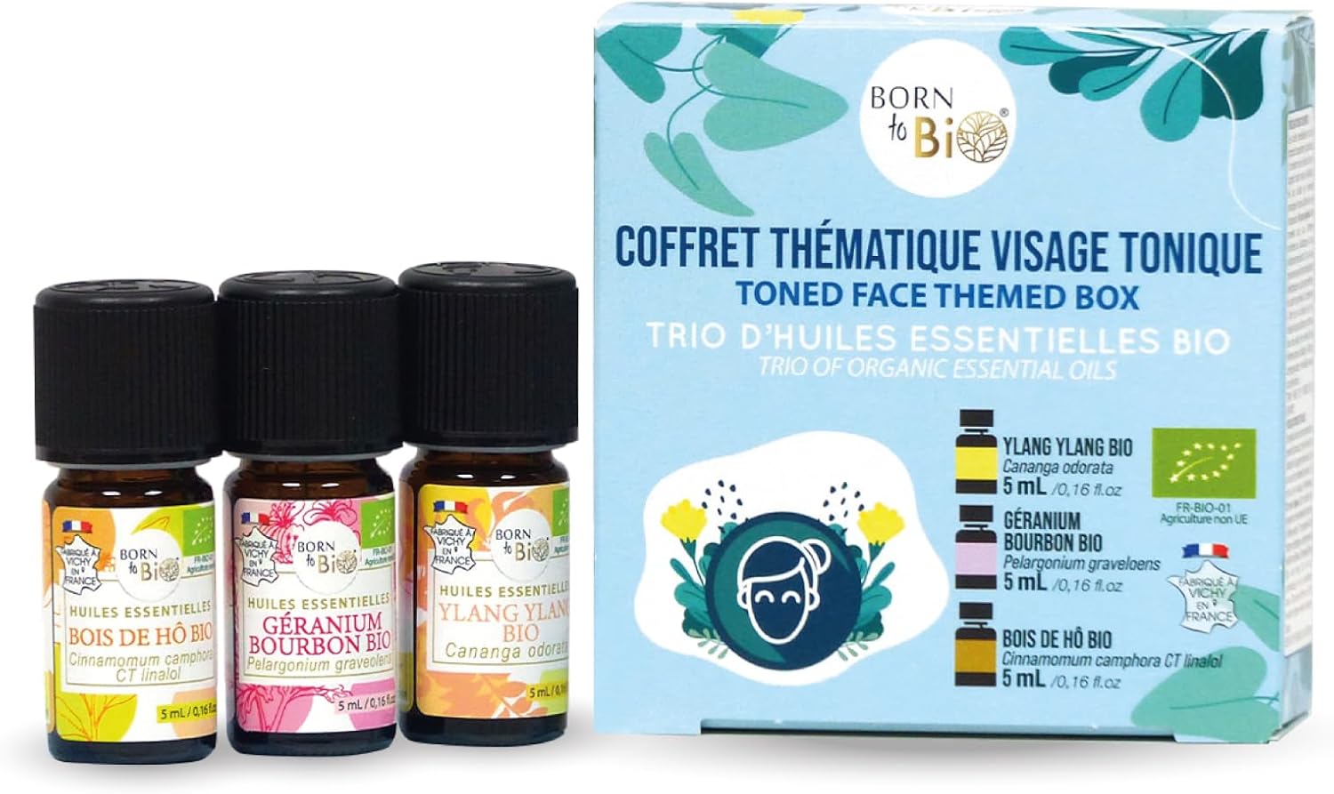 Coffret Huiles Essentielles - Thématique Visage Tonique- Trio d'Huiles Essentielles BIO - Ravivez l'Eclat Naturel de votre Visage - Ylang Ylang, Géranium Bourbon, Bois de Hô
