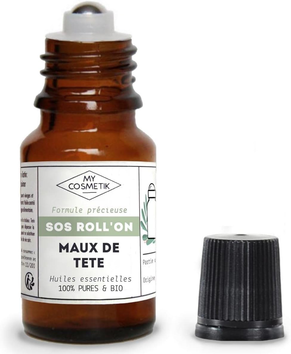 Roll-on : SOS Maux de tête - Facile à appliquer - Concentre les huiles essentielles et huiles végétales les plus efficaces - 100% pures et BIO - 10 ml