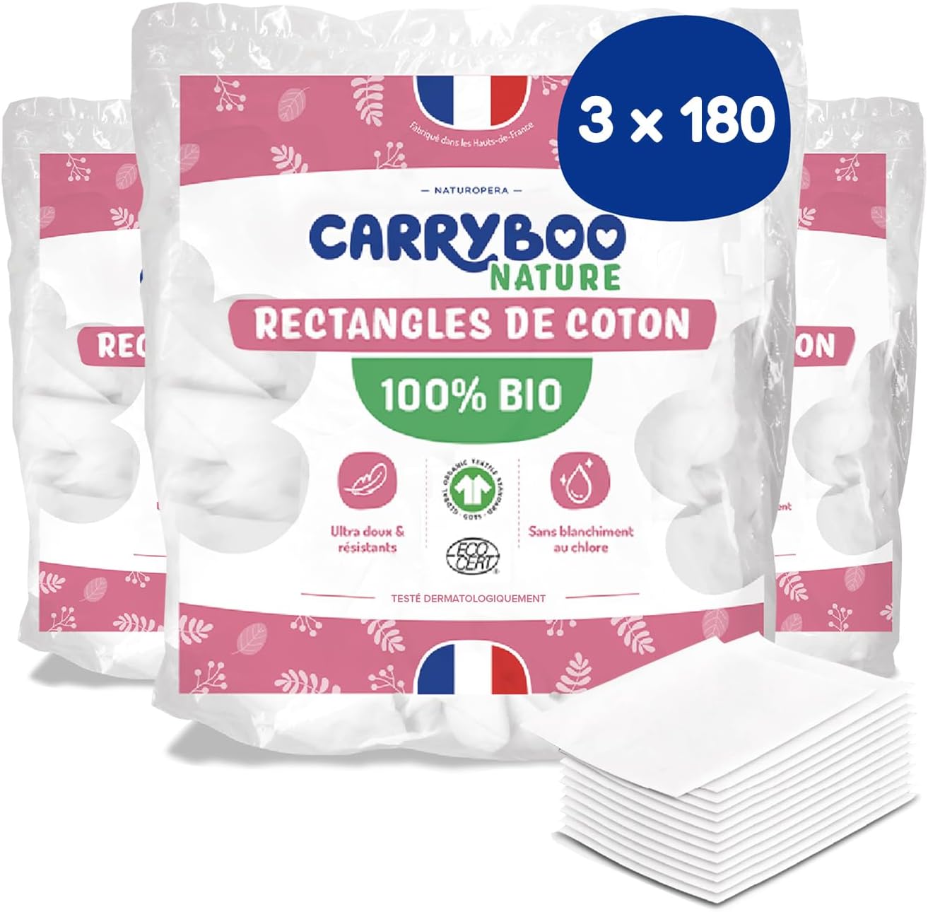 CARRYBOO - Carré Coton Bébé - Fibre 100% Naturelle et Coton Bio - Produit Bébé Ecologique Certifié Gots - Pour l'Hygiène de Bébé - Lot de 3 Packs de 180 Family Pads 8x10 cm - Fabriqué en France