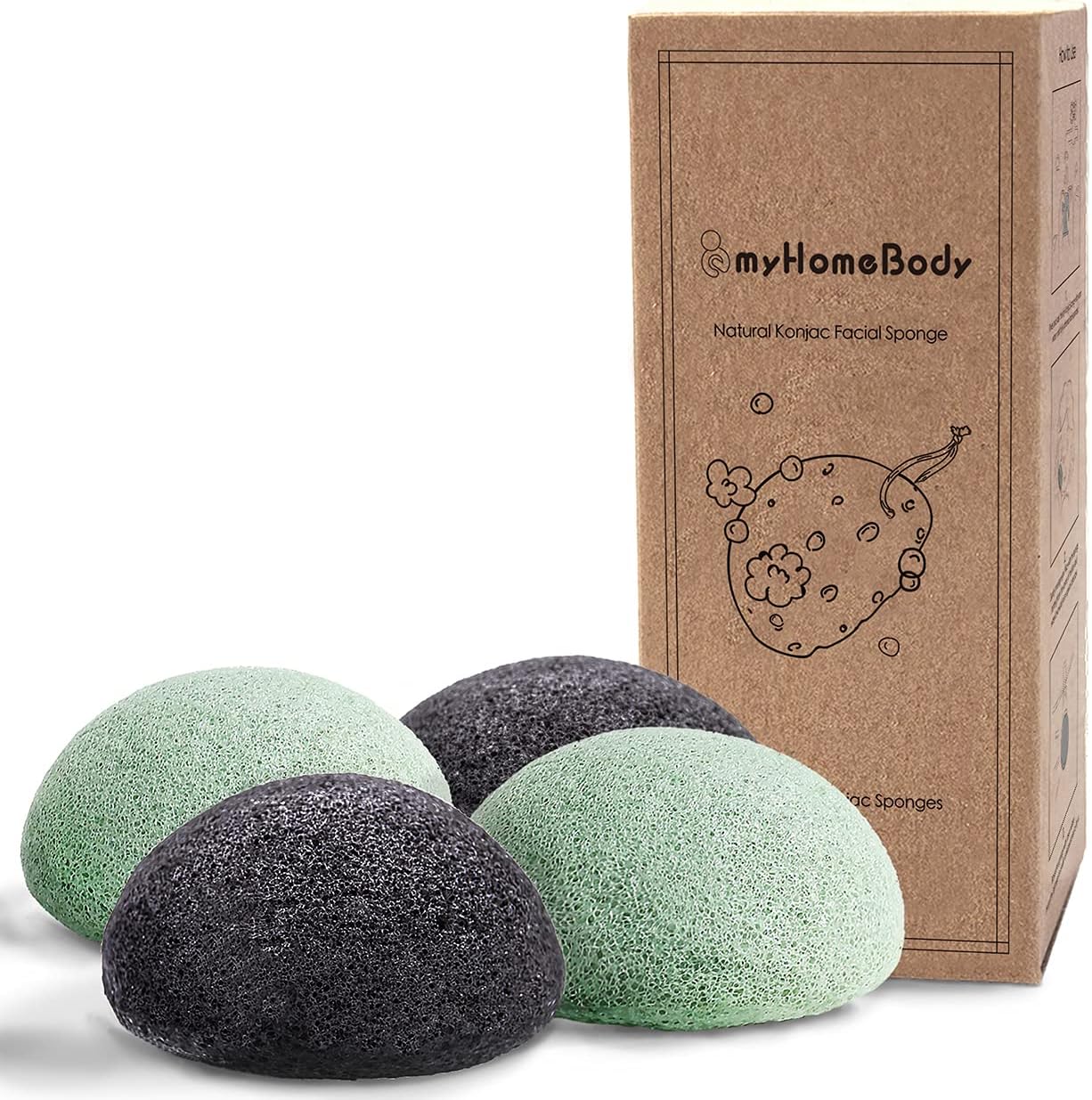 Éponges Konjac naturelles pour le visage permet un nettoyage et une gommage en douceur de votre visage ; fait de charbon actif et d’aloe vera, 4 pièces - Charcoal Gray, Sage Green