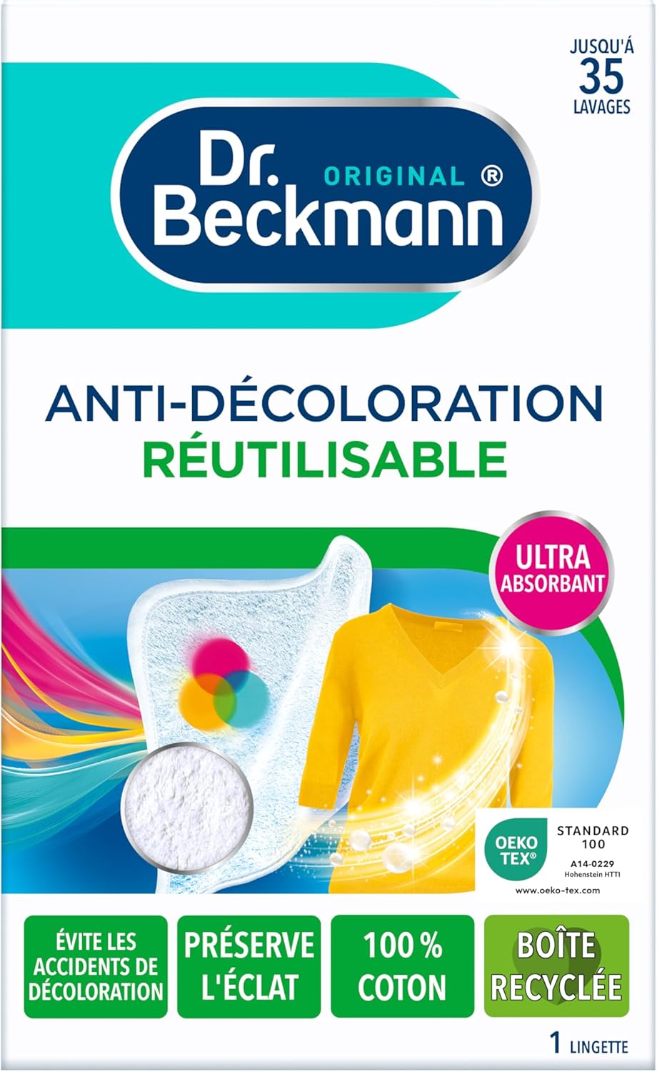 Dr - Beckmann - Lingette Anti-Décoloration Réutilisable x1 - Protection contre la décoloration et maintien de l'éclat des couleurs - Fibre 100% coton efficace jusqu'à 35 lavages