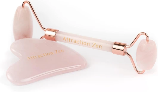 Rouleau et Gua Sha Authentique 100% Naturel - Masseur de visage pour Anti-âge Anti-rides -Roller raffermir la peau, les poches des yeux Pink