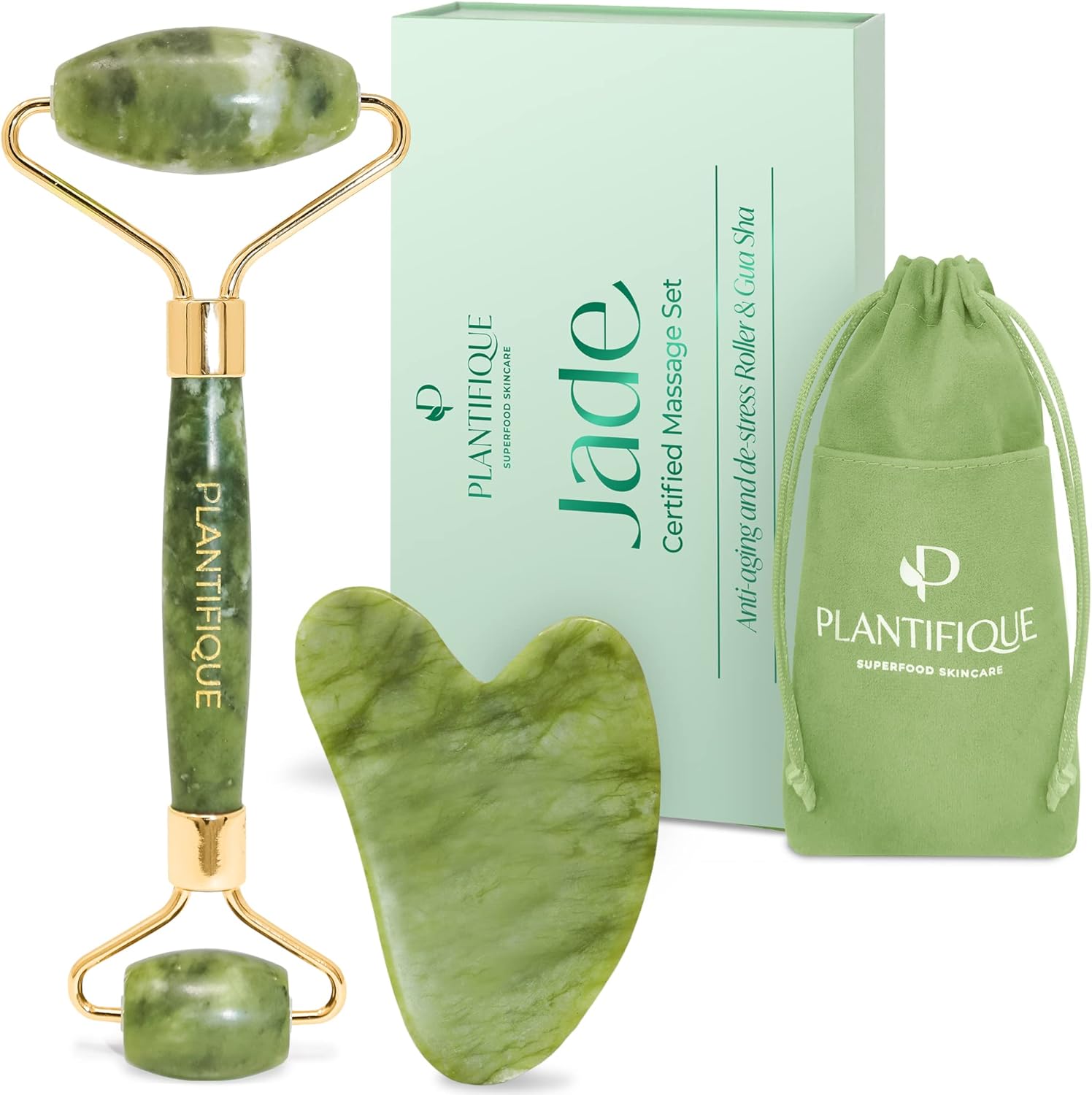 Rouleau de Jade et Gua Sha - Massage du Visage avec Guasha et Roller en Pierre Véritable - Idée Cadeau Anti-Âge pour Femme - Masseur pour le Soin du Corps Jade Set