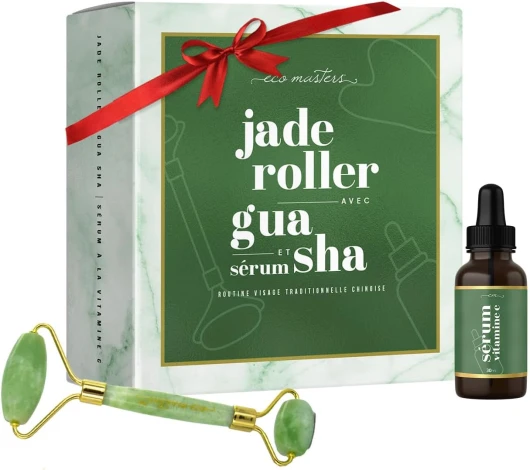 Rouleau de Jade, Pierre Gua Sha & Sérum Vitamine C 30ml - Rouleau de Massage, Soin pour le Visage - Jade Roller Pour Cou, Mâchoire, Joues & Front - Coffret 3en1 - Skincare, Cadeau Pour Femmes Hommes Rouleau de Jade Authentique