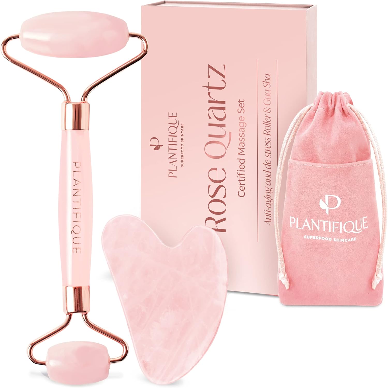 Rouleau de Quartz Rose et Gua Sha - Massage du Visage avec Guasha et Roller en Pierre Véritable - Idée Cadeau Anti-Âge pour Femme - Masseur pour le Soin du Corps Quartz Rose Set