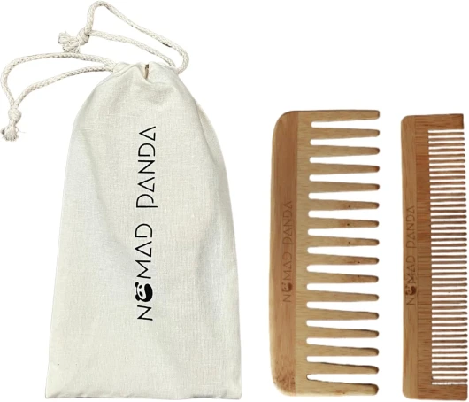 NomadPanda Set peigne en bois bambou, 1 peigne dent large,1 peigne dents fines 1 pochette en coton, peigne cheveux bouclés, cadeau pour homme, cadeau pour femme, produits capillaires