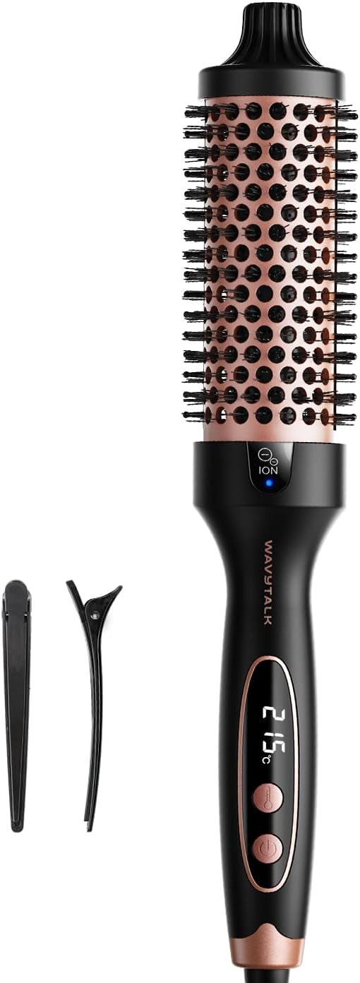 Thermal Brush, Brosse Thermique Ionique Cheveux Bouclés Chauffante, 38mm Pour Créer des Boucles Naturelles, 5 Réglages de Température, Double Tension, Prise Euro, BLOWOUT BOOST, Or Rose