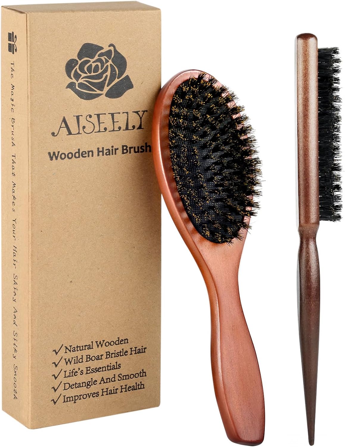 Brosse Poils Sanglier, Brosse Cheveux Poils de Sanglier 100% Naturel - Anti-Static pour Cheveux Longs, Bouclés, Secs ou Abîmés, Brosse à Cheveux avec Brosse Barbe pour Nettoyage de la Barbe Brosse Kit