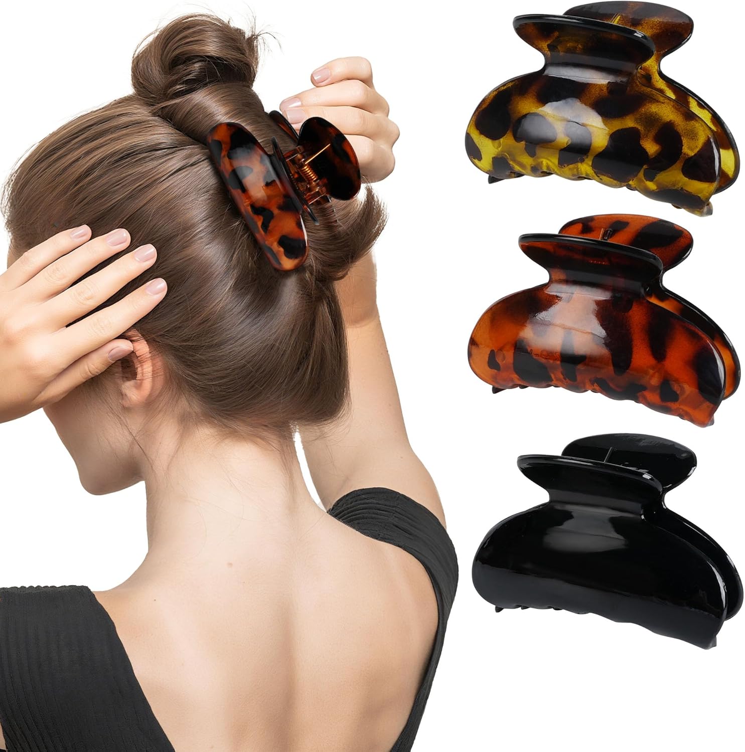 Lot de 3 pinces à cheveux résistantes - Plastique noir et léopard - Barrettes griffes pour femmes 7cmx4cm