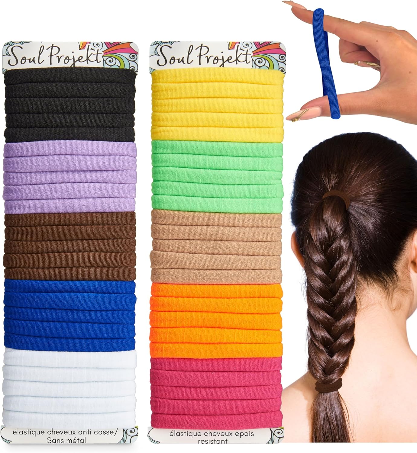 élastiques à cheveux, Multi, 50 Pièces 8 mm Attaches multiusages, Chouchou cheveaux femme/enfants, Sans metal, Marron, Noir, Blond, Blanc, Beige, Rouge, Bleu, Pour tous les coiffures Multicolore 8mm