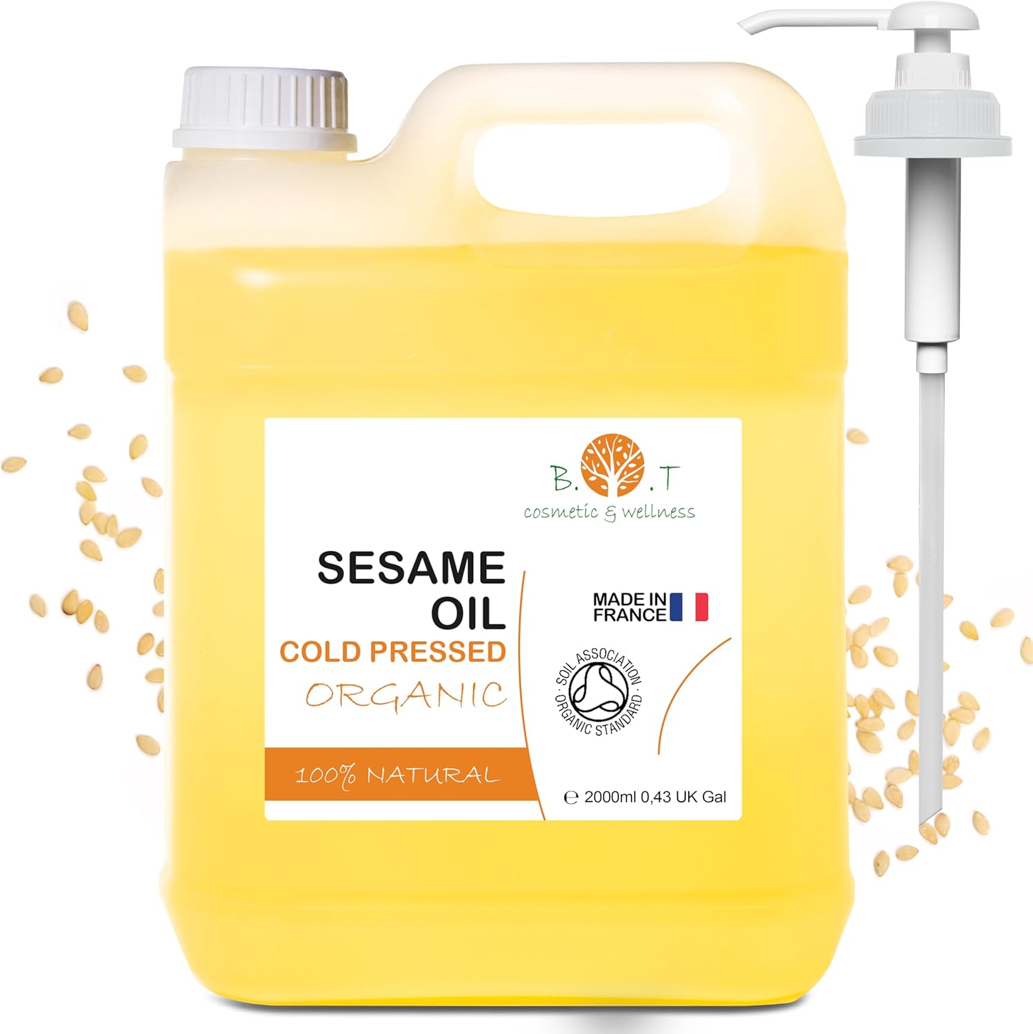 Huile de Sésame Bio, 100% Pure, Pressée à Froid, Soin de la Peau, Cheveux, Massage Ayurvédique, Antioxydant, Elixir Nourrissant, 2000 ml Sans parfum 2 l (Lot de 1)