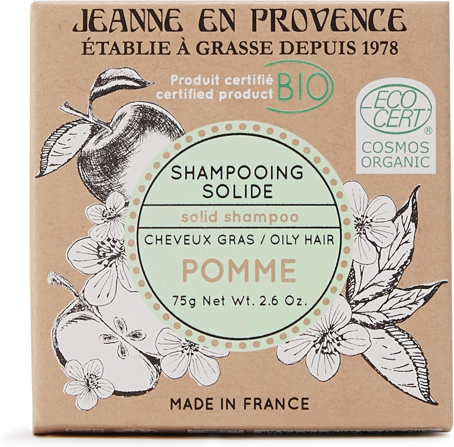 Shampooing Solide BIO - Parfum Pomme - Hydrate, Nourrit & Protège - Pour cheveux secs - Fabriqué en France à Grasse - 75 gr