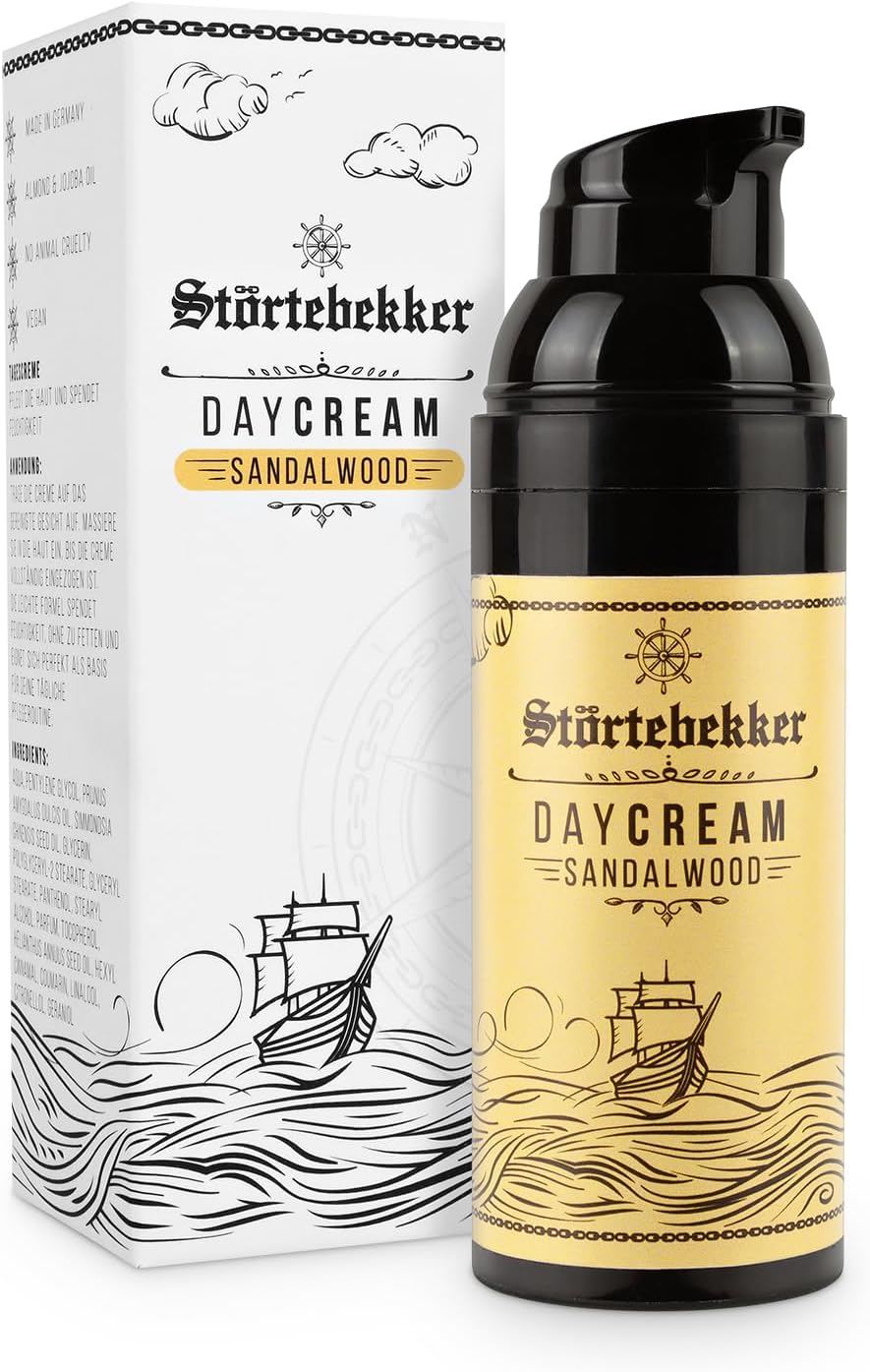 Störtebekker® Premium Crème de jour au bois de santal – Contient de l'huile d'amande et de l'huile de jojoba contre les irritations – Parfum agréable de bois de santal – Idée cadeau pour homme/homme –
