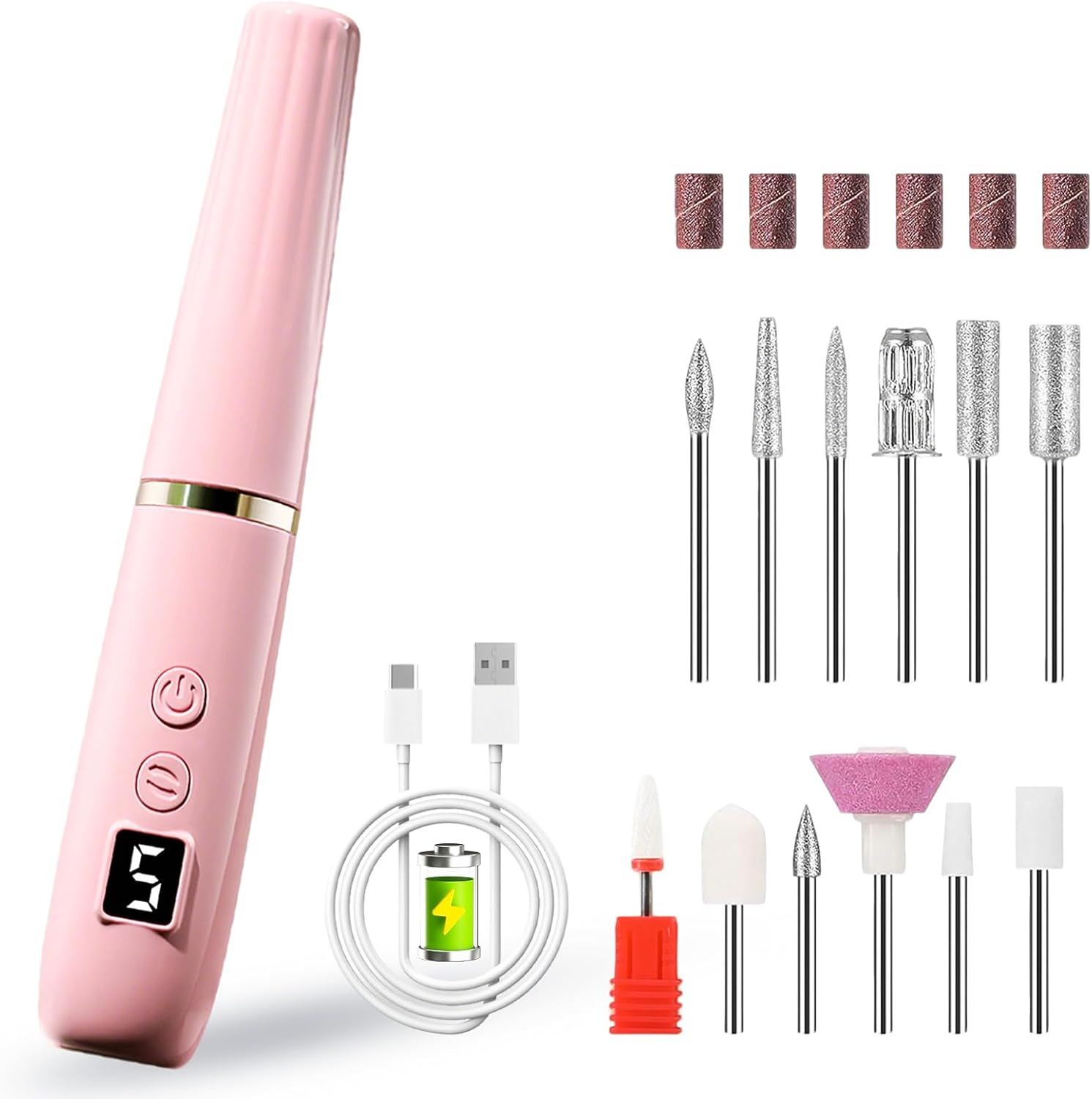 Ponceuse pour Ongles Sans Fil, Professionnel electrique kit manucure pedicure 12 en 1 USB Rechargeable 20000 RPM Portable Réglable ponceuse ongle