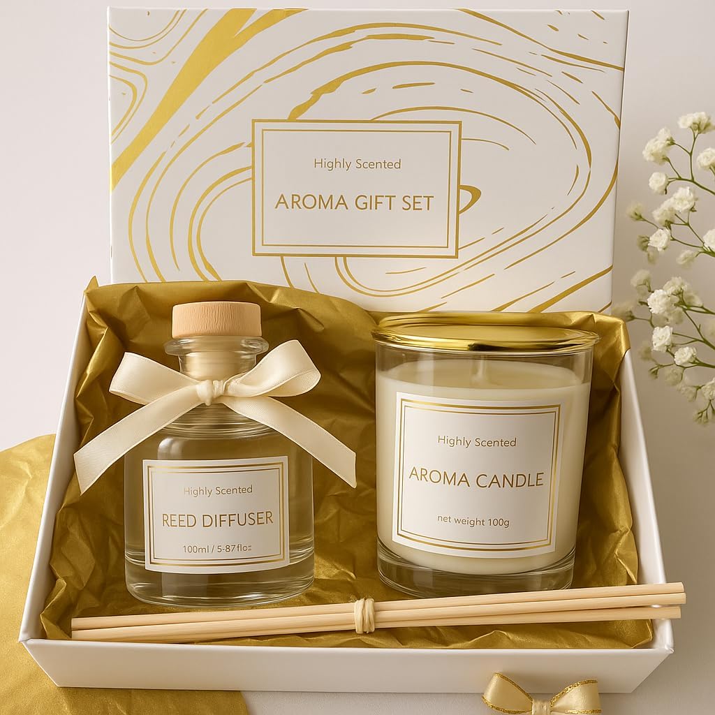 Coffret Cadeau Bougie & Diffuseur- Senteur Apaisante - Déco Chic - noel - Anniversaire - Fete des Mères - détente - Spa - Bien-Etre maison - Coffret parfumé Luxe (peche blanche Oolong)
