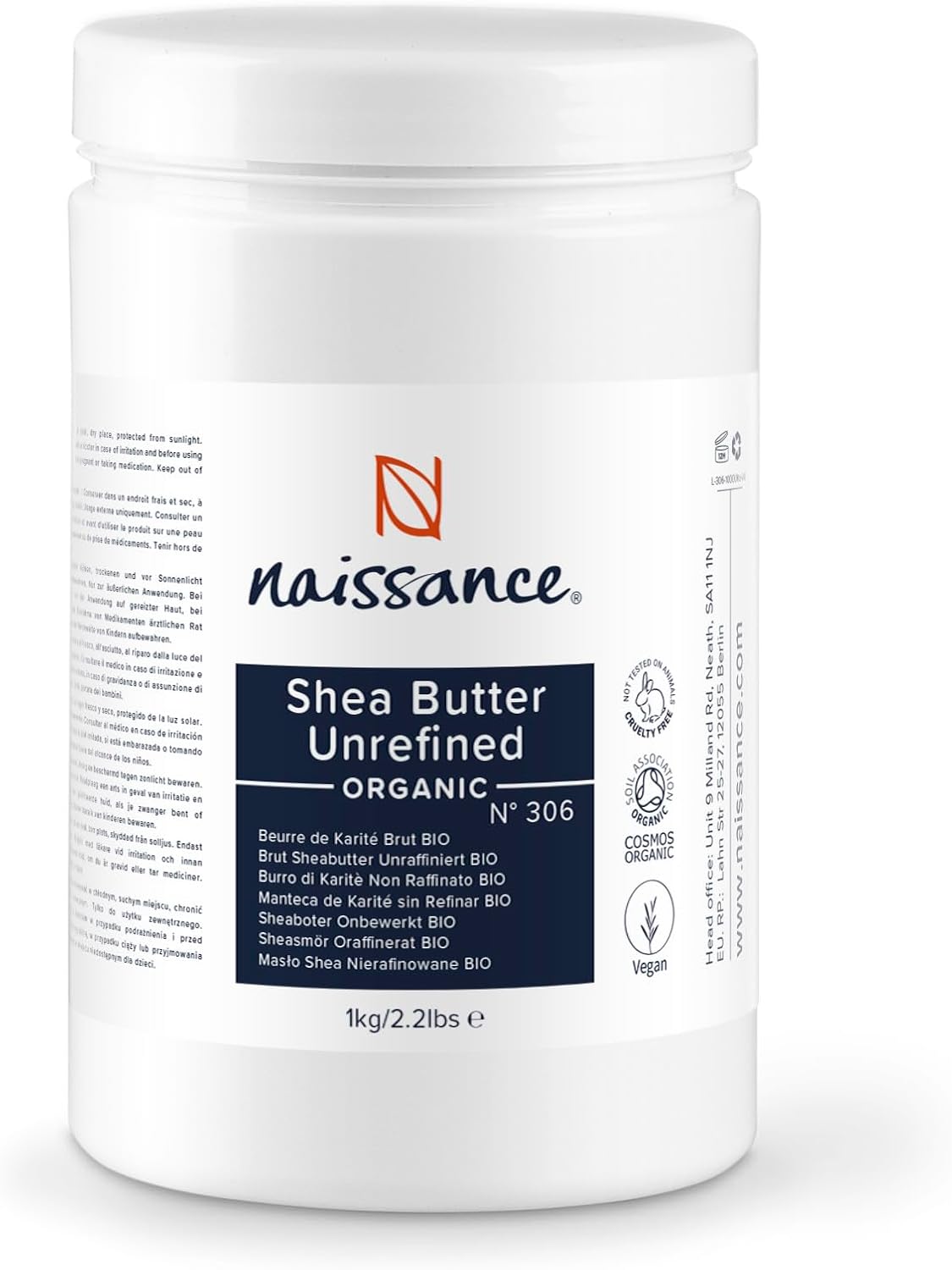 Beurre de Karité Brut BIO d'Afrique (No - 306) 1kg - Non Raffiné, Solide - pour Cheveux Sec ou Afro, Corps, Visage - Pur, Végan, Naturel et Certifié BIO 1 kg (Lot de 1)
