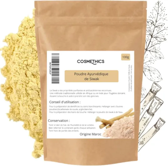 Cosm’Ethics® Poudre Ayurvédique de Siwak (Miswak) 100 g – Dentifrice Blanchissant Naturel & Détartrage Dentaire – 100% Naturelle, Soin des Gencives, Sachet Refermable