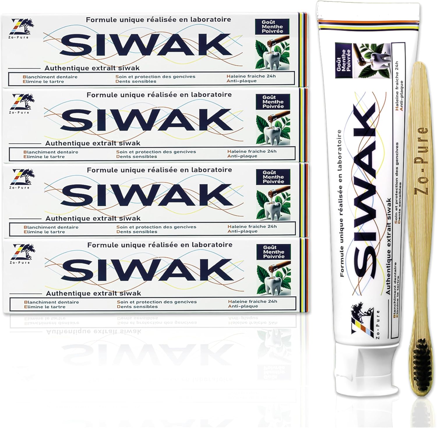 Zo-Pure dentifrice siwak – Coffret Luxe LOT DE 4 dentifrices + 4 brosses bambou – Miswak Blanchiment naturel – Véritable menthe poivrée – Dentifrice BIO - sans fluor – Meswak bâton extrait Authentique