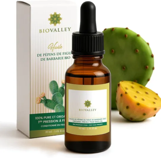 BIOVALLEY – Huile de Pépins de Figue de Barbarie BIO 30ML- Pressée à Froid Extra Vierge– 100% PURE & NATURELLE – Soin Anti-âge Premium Visage & Corps, Riche en Vitamine E, Hydratante & Antirides 30 ml (Lot de 1)