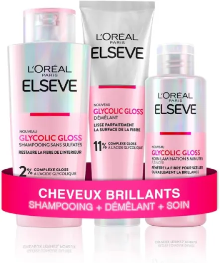 L'Oréal Paris - Routine Capillaire Complète pour Cheveux Ternes - Shampooing + Démêlant + Soin Lamination - Acide Glycolique - Sans Sulfates - Elseve Glycolic Gloss - 3 Produits Routine Complète