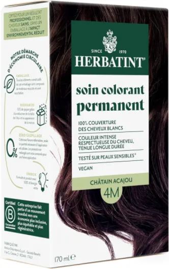 Herbatint Soin Colorant Permanent Cheveux 4M Châtain Acajou - 170 ml - Sans Ammoniaque, 100% Couverture Cheveux Blancs - Testé Dermatologiquement pour Peaux Sensibles, avec 8 Extraits Végétaux Bio 4M - Châtain Acajou 170 ml (Lot de 1)