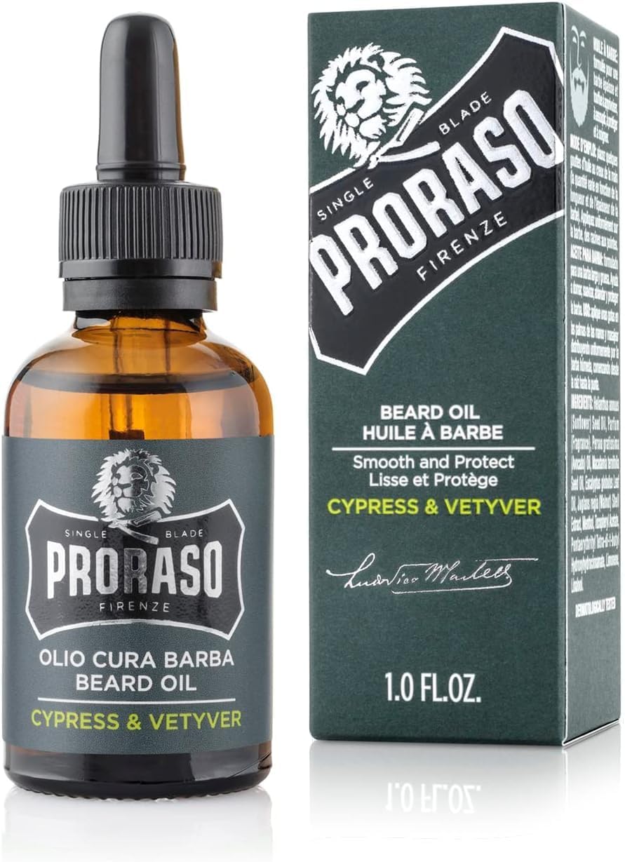 Huile à barbe Cypress & Vetyver (flacon de 30 ml) – Huile pour barbe adoucissante et protectrice pour les barbes longues et hirsutes – Fabriquée en Italie