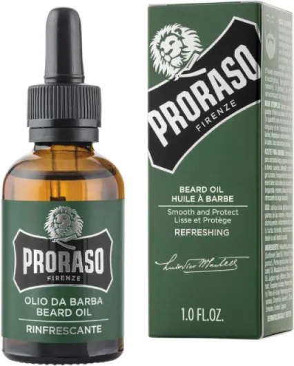 Huile à barbe rafraîchissante (flacon de 30 ml) – Huile pour barbe nourrissante à l'huile d'eucalyptus, bergamote et romarin – Fabriquée en Italie