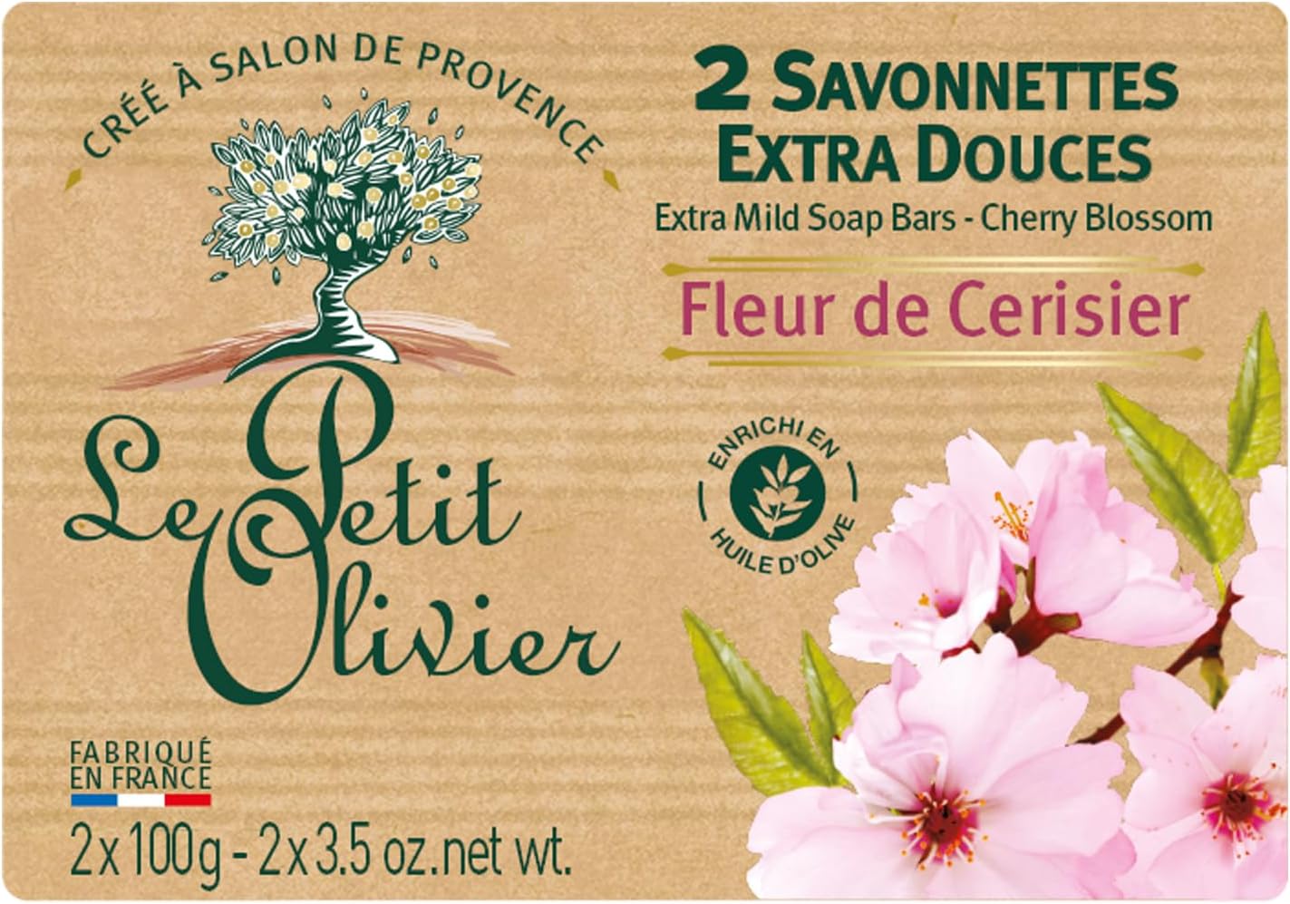 2 Savonnettes Extra Douces - Fleur De Cerisier - Parfum De La Région De Grasse - Nettoient La Peau En Douceur - Fabriqué en France - 2x100g 50 ml (Lot de 2) FLEUR DE CERISIER