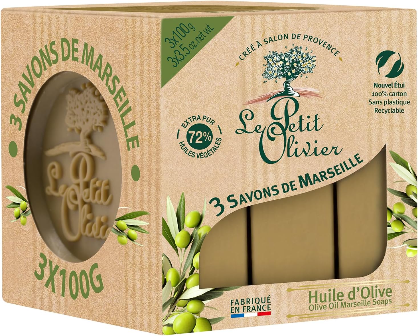 3 Savons De Marseille - Huile D'Olive - Parfum De La Région De Grasse - Nettoient La Peau En Douceur - Fabriqué en France - 3x100g 33.33 ml (Lot de 3) HUILE D'OLIVE