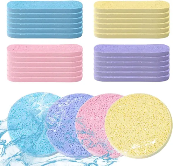 48 Pcs Eponge Maquillage, Eponge Visage Comprimées Éponge Démaquillage Réutilisable Éponges Cosmétiques Éponge Nettoyante Visage pour Demaquillage Visage(Jaune, Rose, Violet, Bleu)