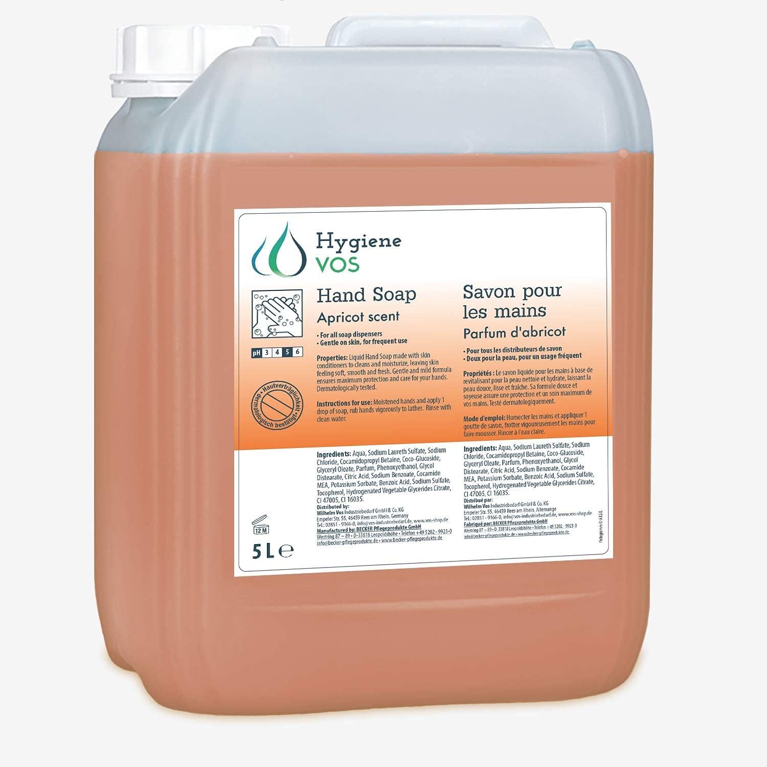 Hygiene VOS Savon Liquide 5000ml Apricot pour les Mains pH Neutre pour une Utilisation Quotidienne - Formule Extra Douce et Ingrédients Biodégradables - Bouteille Économique 5 Ltrs Sans parfum 5 l (Lot de 1)