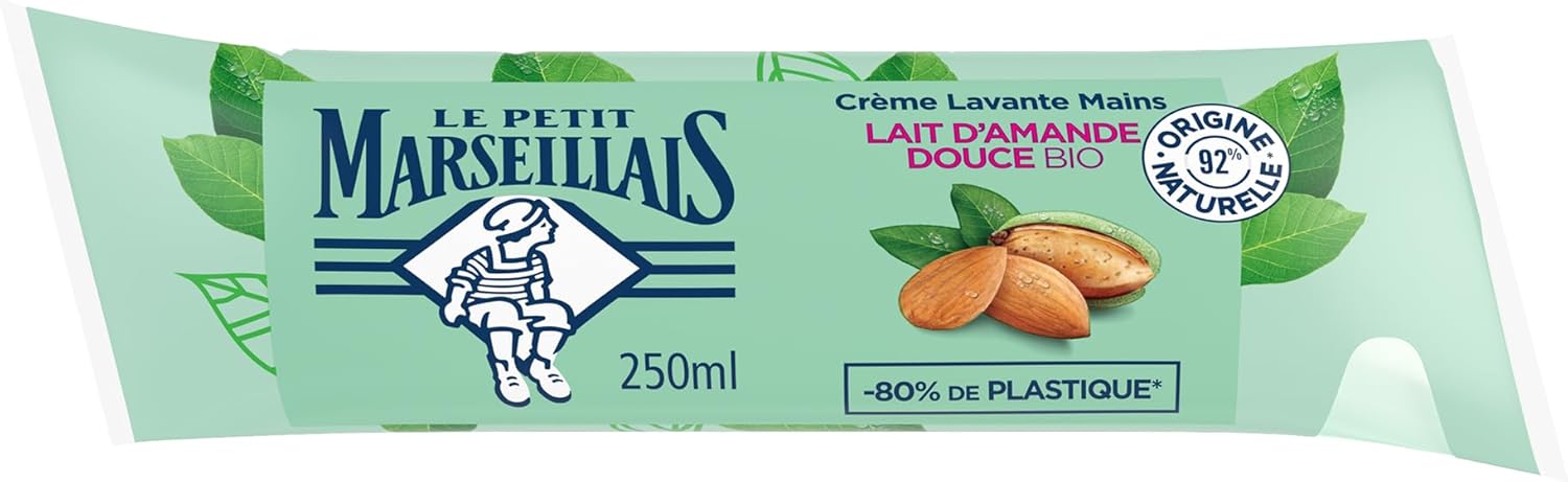 Recharge Crème Lavante Mains Lait d'Amande Douce Bio (berlingot de 250 ml) – Savon liquide avec 92 % d'ingrédients d'origine naturelle – Emballage avec -80% de plastique* 250 ml (Lot de 1) mousse Lait d'Amande Douce