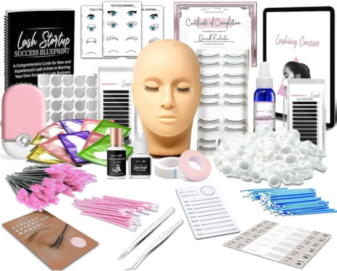 TwoWin Kit d'extension de cils tout-en-un avec mannequins de vitrine, séchoir à cils USB, kit d'extensions de cils pour débutants Kit d'extension de cils avec ventilateur USB
