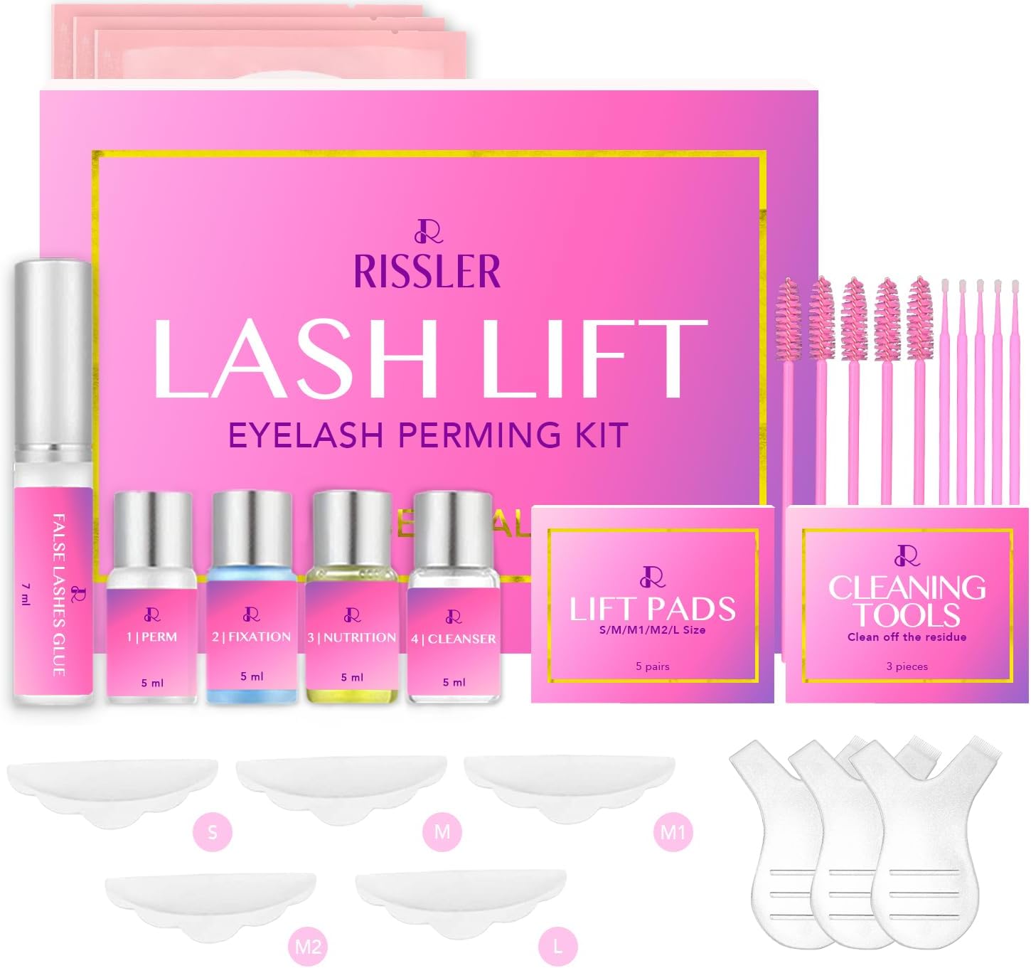 Kit d’extensions de Cils, Rissler Lash lift Kit, Kit Rehaussement Cils, Semi-Permanent Curling, Eyelash Perming, Adapter aux Browlift, Kit Idéal pour les Salons (Essentiel) rose
